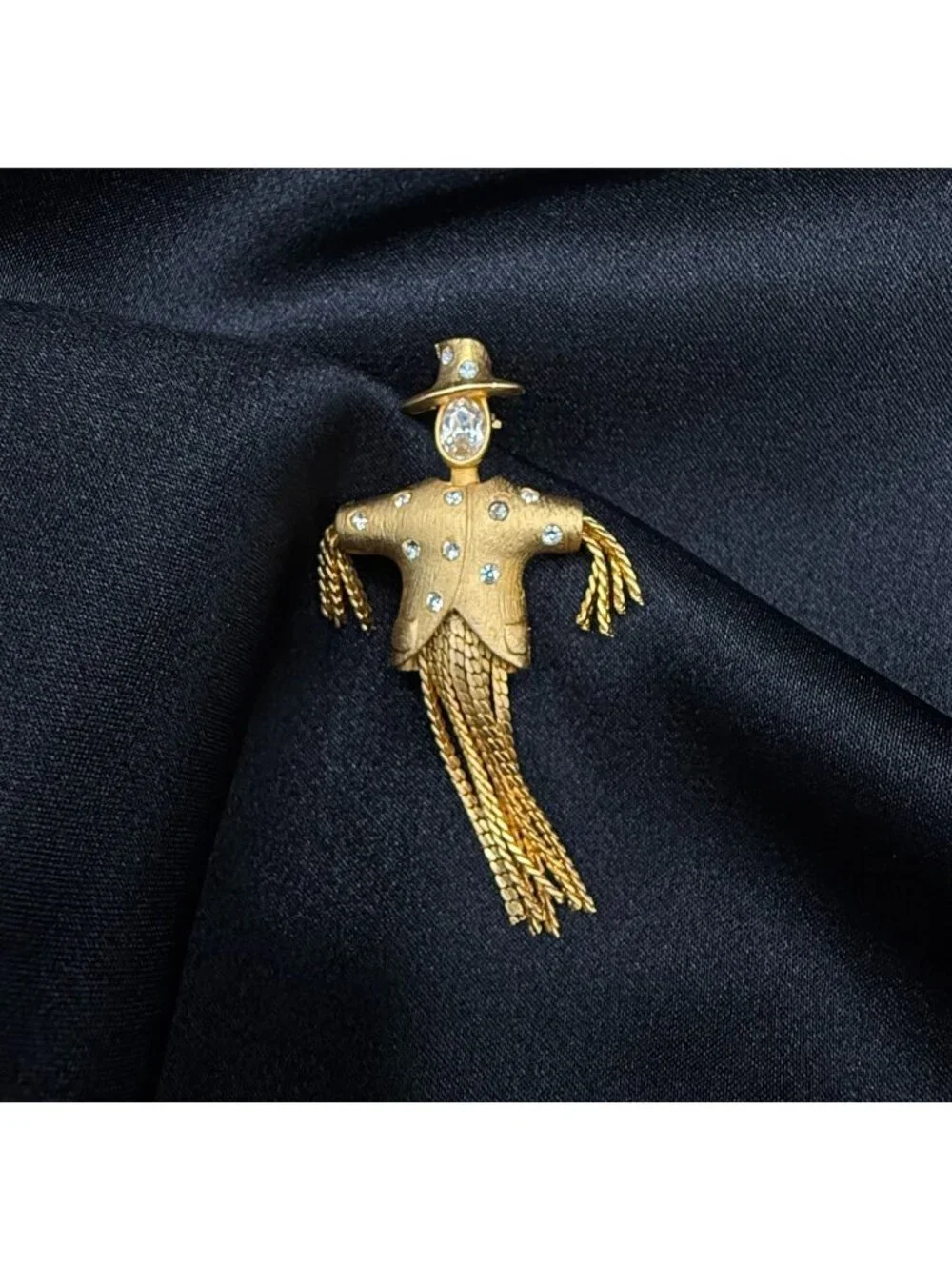 Vintage Gold-Tone Rhinestone Scarecrow Brooch With Dangling Tassel